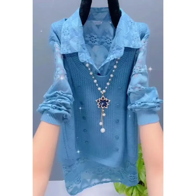 蕾丝拼接针织衬衫女2025春秋新款宽松显瘦休闲百搭衬衣领上衣小衫