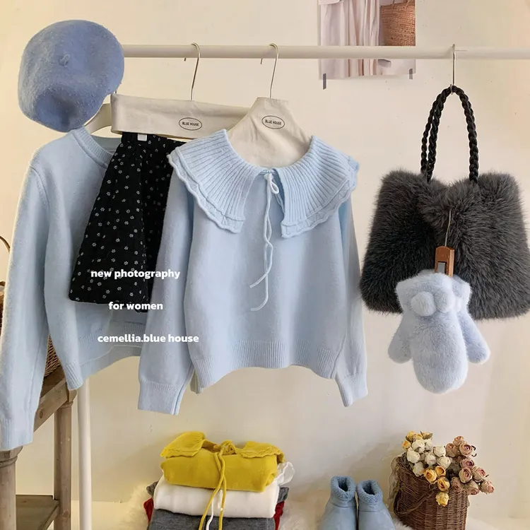 法式甜美娃娃大翻领领系带软糯针织毛衣女冬减龄保暖套头针织上衣