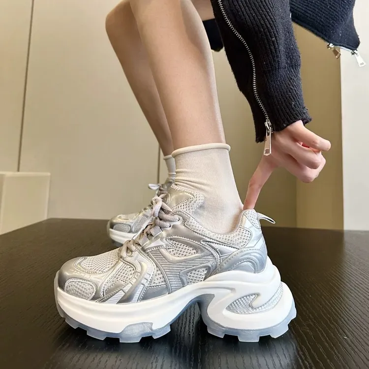 【高端版】赵露思同款老爹鞋新款透气银色休闲运动鞋系带厚底运动鞋