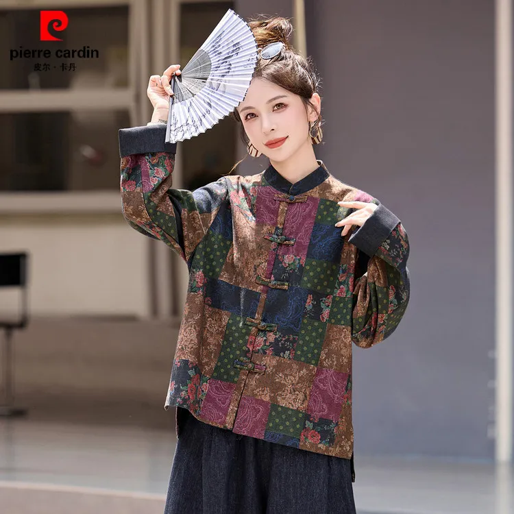 皮尔卡丹新中式国风外套女春秋高级感复古印花盘扣高端洋气年轻款