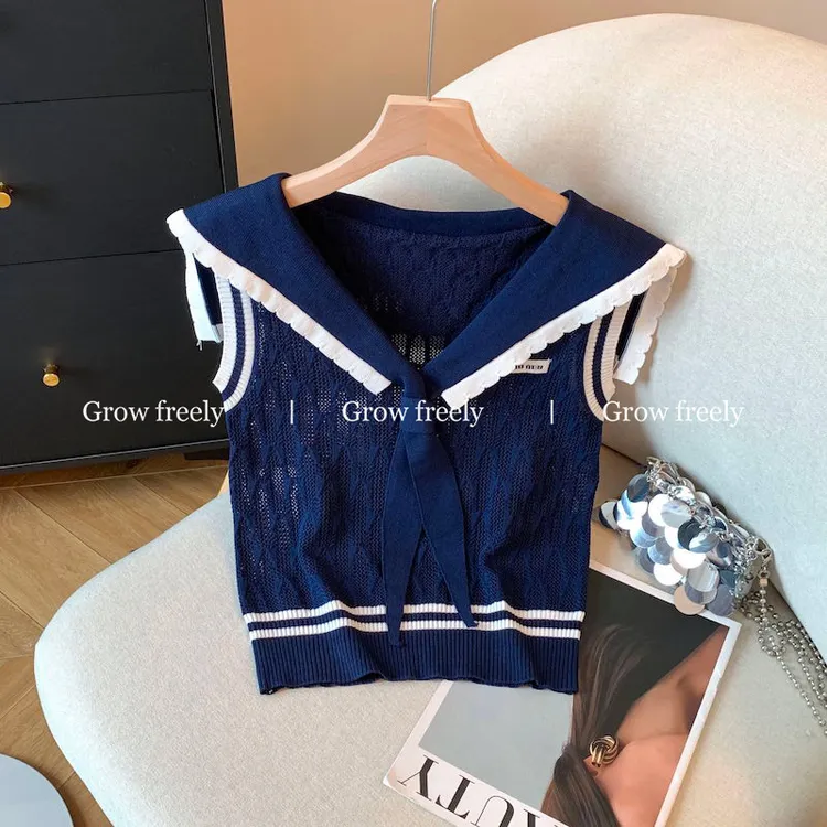 Grow freely 学院风撞色针织背心女夏季新款洋气减龄海军领短上衣
