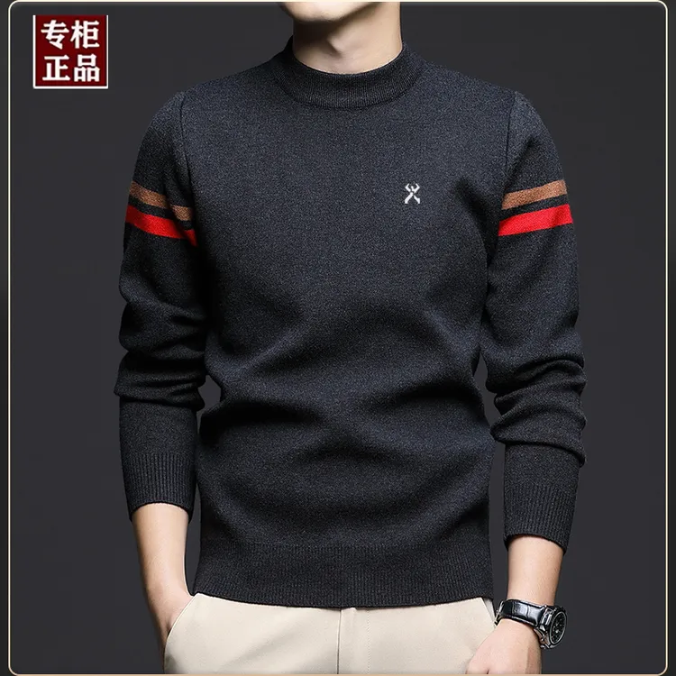 轻奢大牌男装秋冬季男士纯羊毛半高领毛衣休闲保暖刺绣时尚针织衫