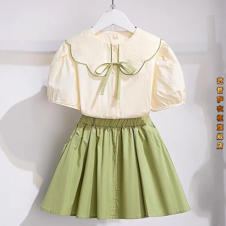 女童夏季套装2025新款中大童小女孩衣服洋气时髦短袖衬衫短裙套装