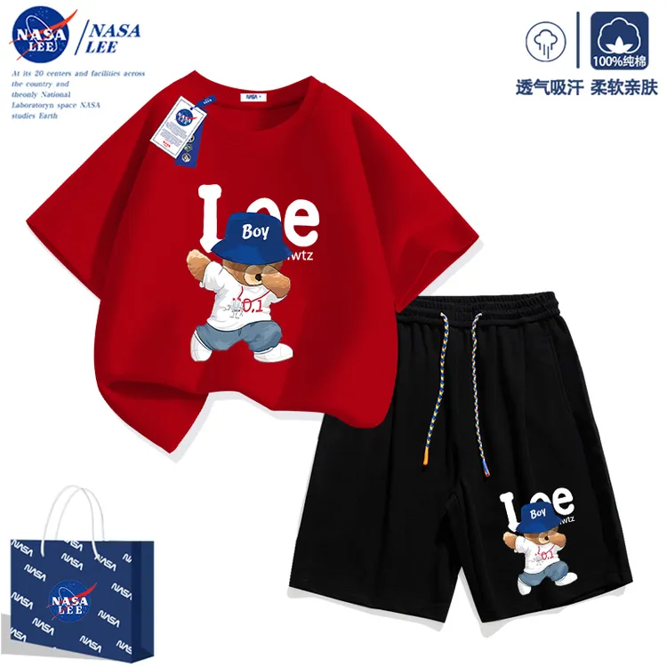 NASA联名儿童短袖套装夏季纯棉2025新款潮牌男女童运动两件套夏装