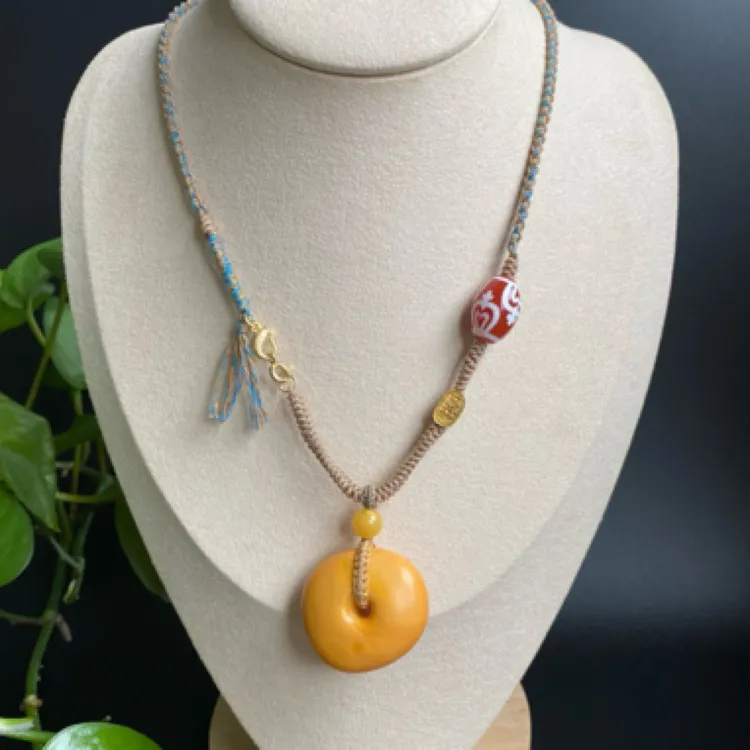 老蜡蜜蜡藏扣简约百搭复古风藏式手编绳锁骨链吊坠平安扣连连有余