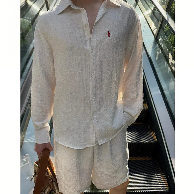 老钱风亚麻时尚套装男夏季新款宽松休闲慵懒松弛感衬衫短裤两件套