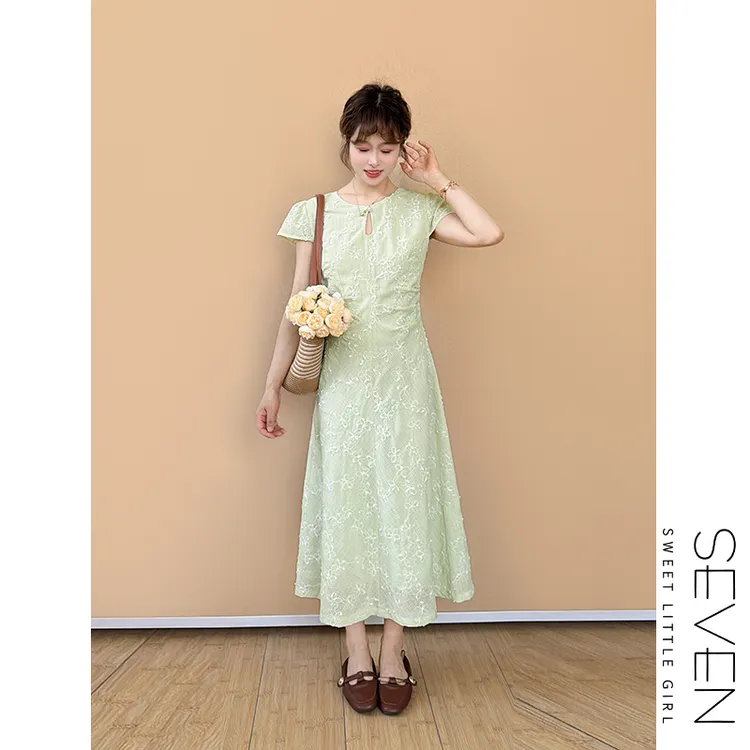 【现货】⑧七七146小个子新中式刺绣连衣裙女夏季中长裙小美说