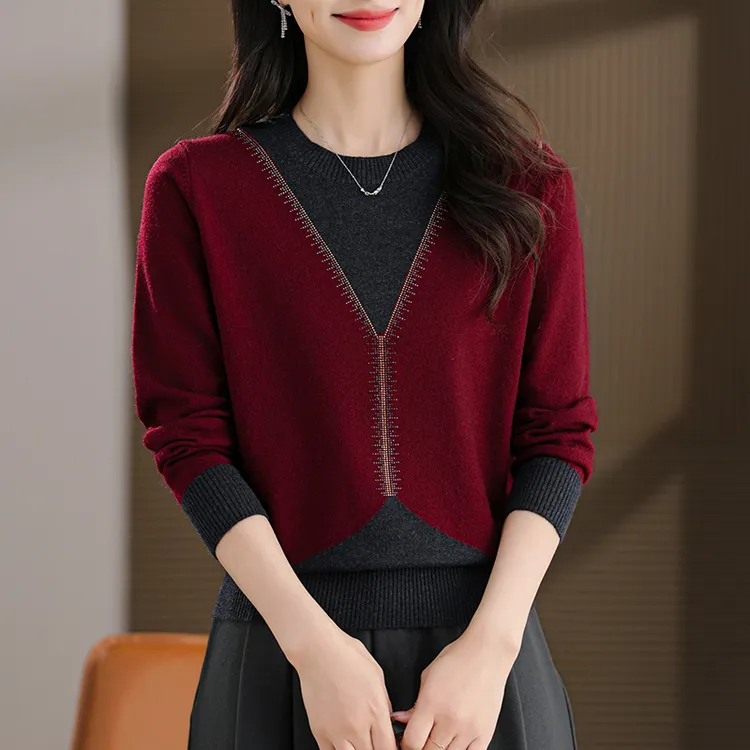 拼色半高领毛衣女秋冬2025新款洋气中年妈妈针织打底衫内搭上衣厚