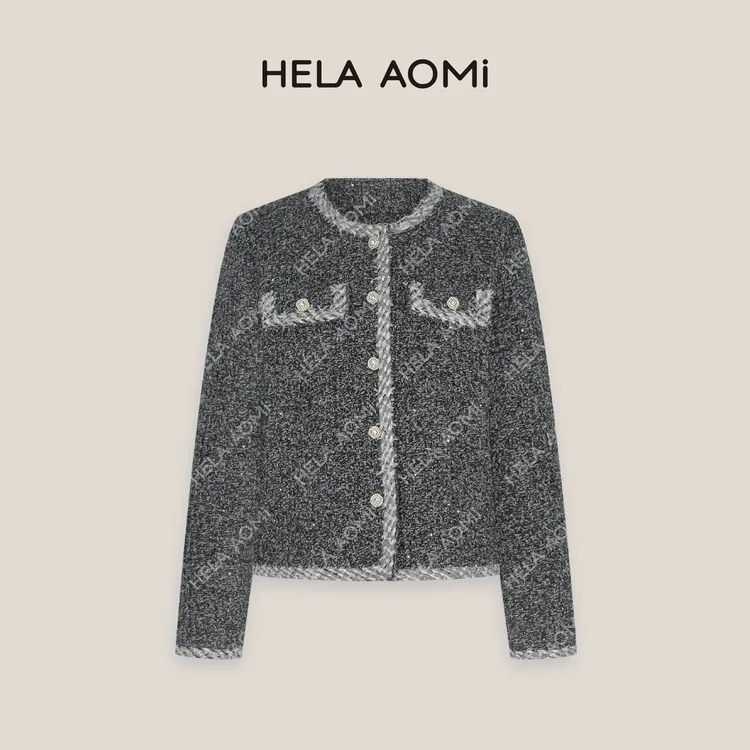 HELA AOMI“经典奈儿”81.6%绵羊毛骆驼绒纱线小香风圆领针织外套