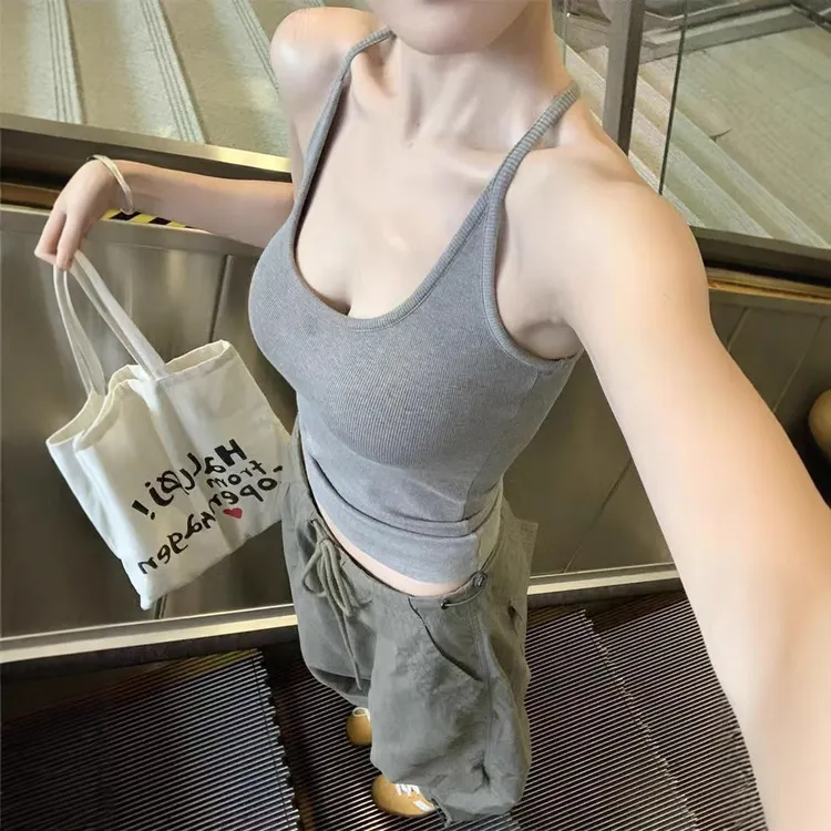 纯欲风性感辣妹挂脖吊带背心女带胸垫收腰显瘦外穿内搭工字背上衣