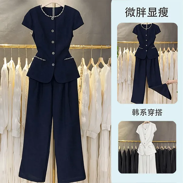 夏季新款2025减龄休闲微胖时尚气质短袖纯色通勤两件套潮