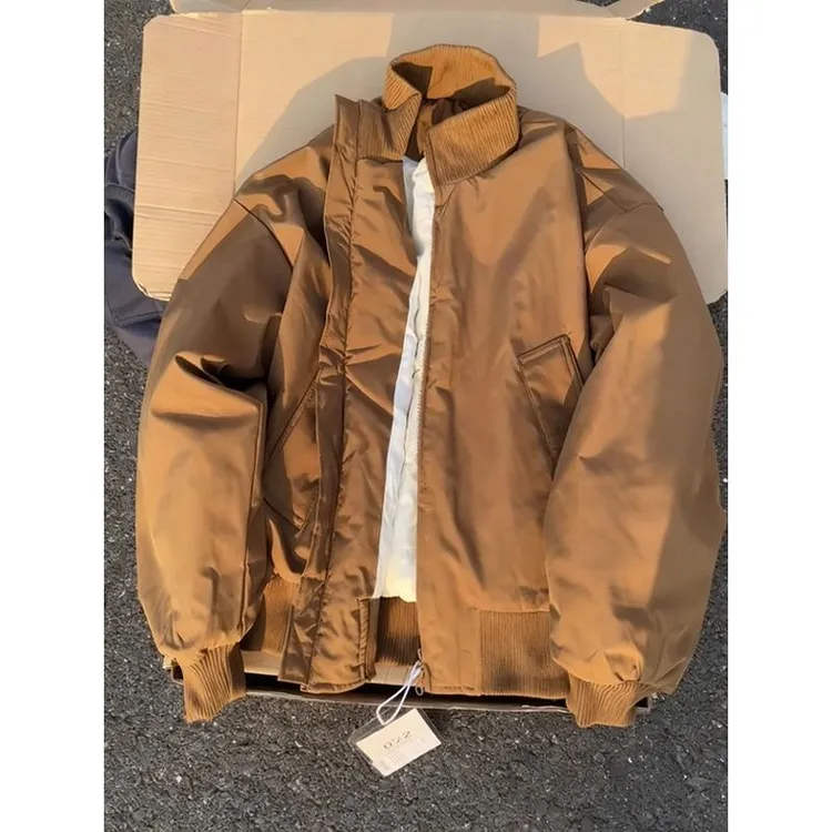 美式棕色短款飞行员夹克外套男冬季加厚保暖棉衣廓形立领棒球棉服