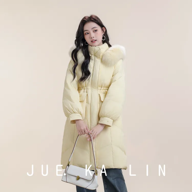 9802韩系简约甜美连帽收腰拉链设计狐狸毛领长款羽绒服厚实保暖