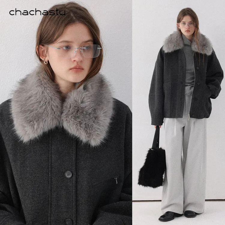 CHACHASTU北欧时刻~大号口袋夹棉保暖兜版毛领呢外套K114