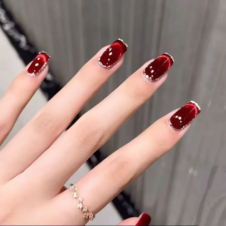 【千禧】纯手工穿戴甲秋冬猫眼酒红爆闪时尚气质穿戴式