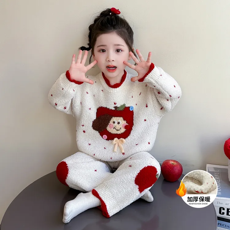 女童睡衣半边绒加厚秋冬款25新款儿童保暖加绒女宝宝家居服两件套