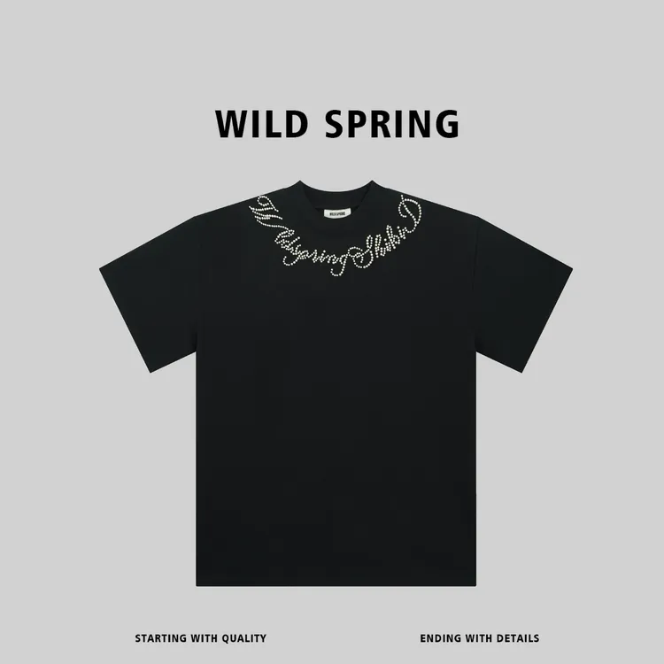 WILD SPRING品牌 重工手工珍珠男女同款T恤美式街头短袖 61007#