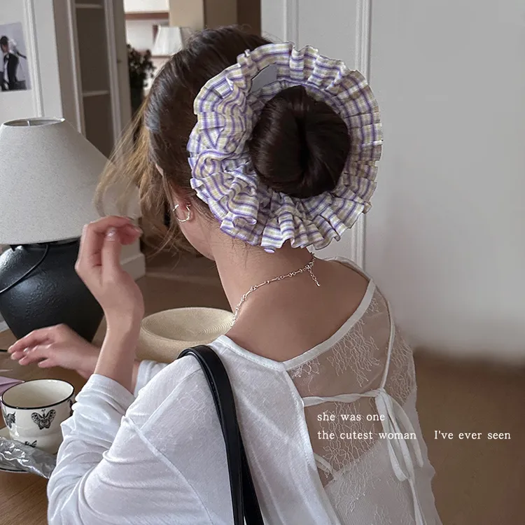 法式温柔香芋紫色格纹大肠发圈女百搭丸子头花发绳马尾头绳橡皮筋