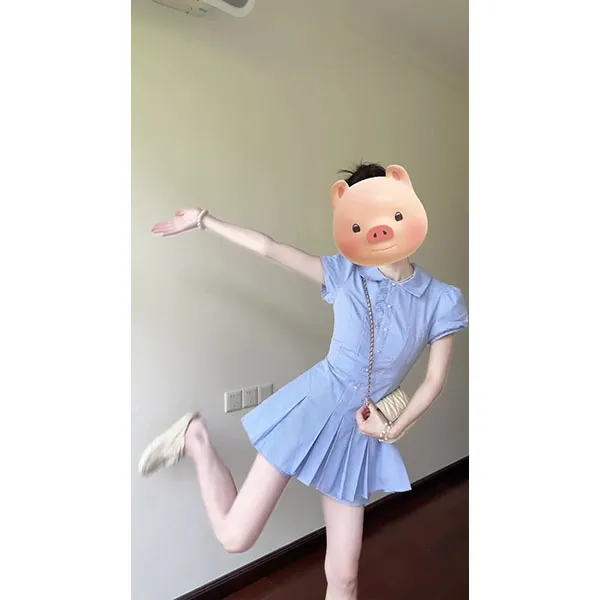 miu系学院风格韩系纹衬衫短袖连衣裙夏收腰泡泡袖百褶短裙女