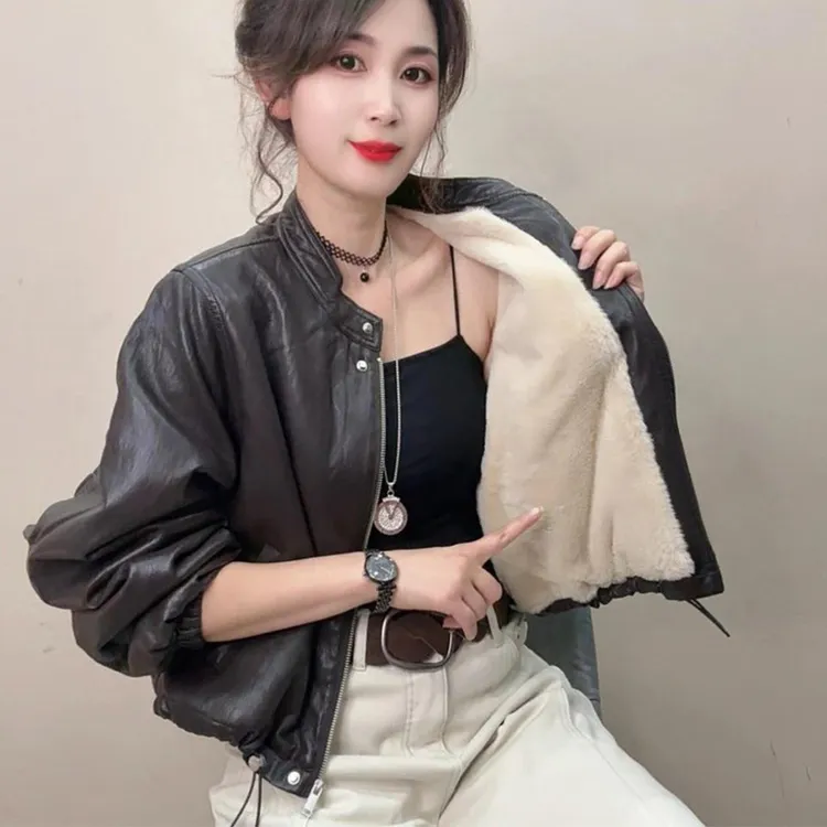 加绒加厚皮衣短外套女2025冬季新款复古时尚百搭机车立领夹克上衣