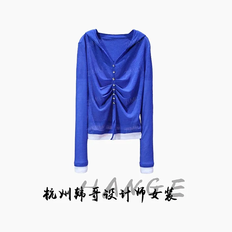 【韩哥女装】2025秋季《宁静》宝蓝色拼接抽褶高弹打底上衣7996-A6