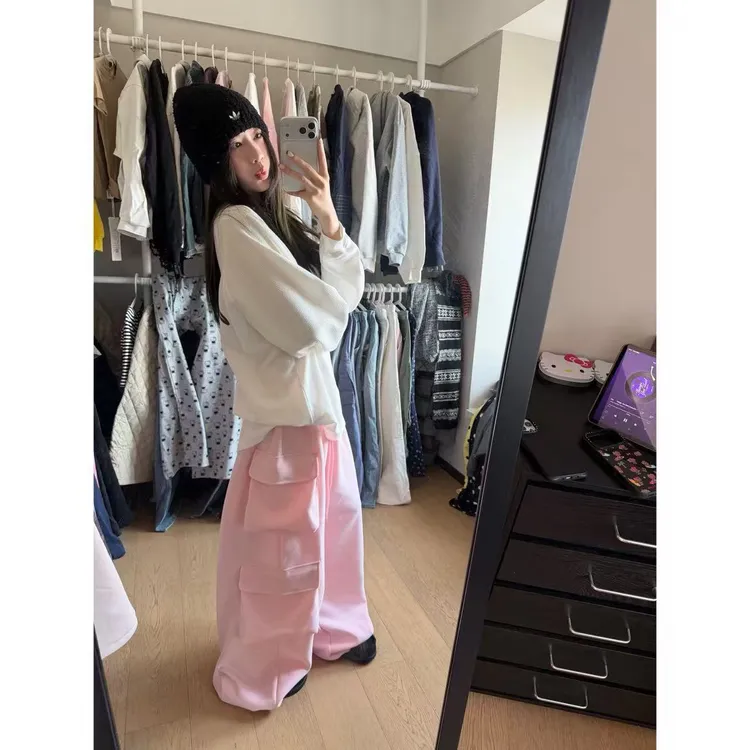 【陈碗饭】美式口袋卫裤设计感宽松高腰阔腿直筒工装裤216
