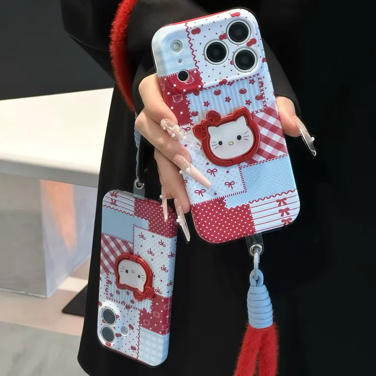 拼接红格子KT支架挂绳适用苹果17手机壳iphone华为vivo小米15oppo