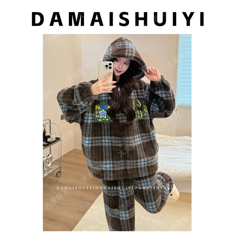 2025冬季长袖卡通少女风加绒加厚保暖爆款半边绒睡衣家居服套装