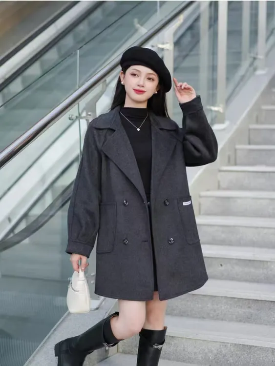 2025秋冬新款时尚百搭中长款气质遮肉韩版双面羊毛女士大衣18016