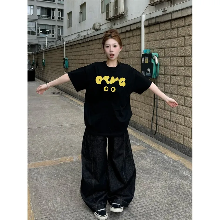 夏季纯棉短袖t恤女2025新款爆款正肩设计感小众美式宽松半袖上衣
