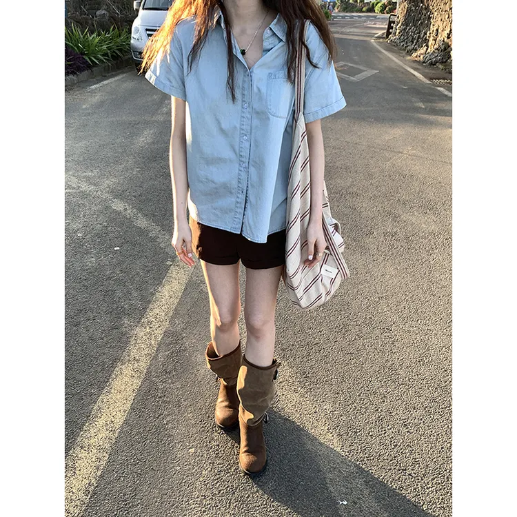 法式高级感洋气气质宽松休闲百搭短袖polo领夏季牛仔衬衫上衣女潮