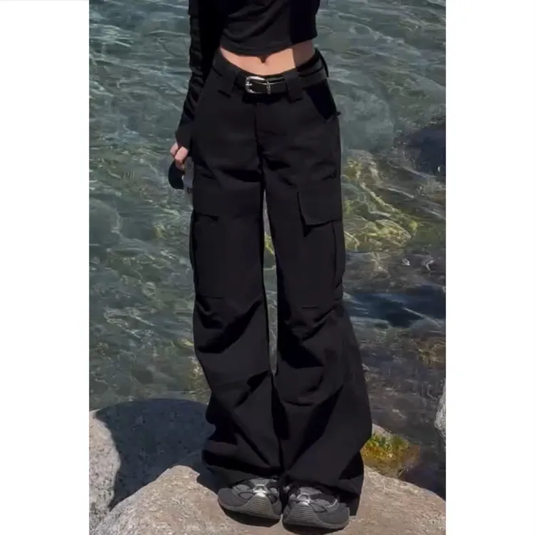 艾塔莉早秋女裤高腰工装裤垂坠感修身阔腿裤多口袋秋季休闲裤长裤