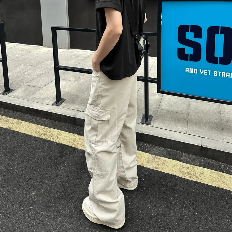 QUALCOMM美式复古多口袋潮牌长裤男直筒宽松百搭高街休闲工装裤子
