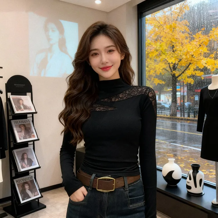 秋冬新款蕾丝拼接设计感半高领抗皱加绒纯色修身百搭T恤女打底衫