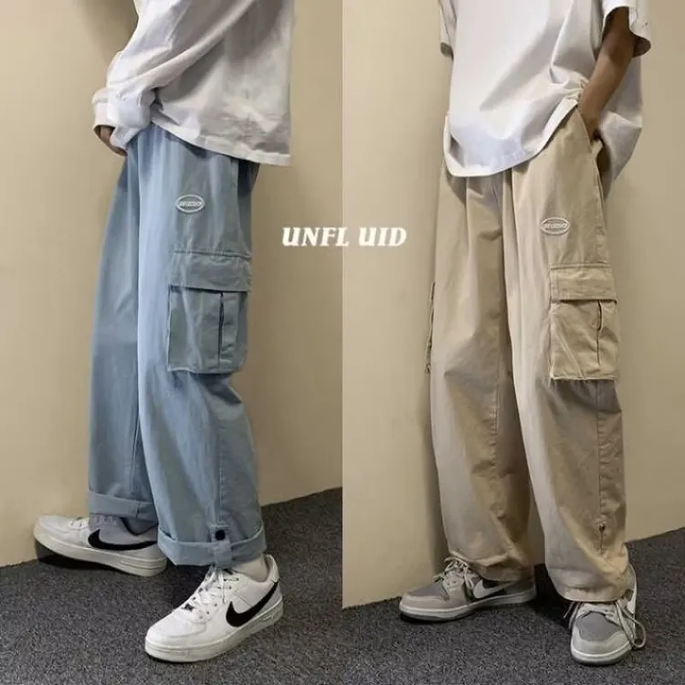工装裤男潮牌ins宽松直筒搭扣九分裤春季韩版潮流阔腿休闲裤裤子