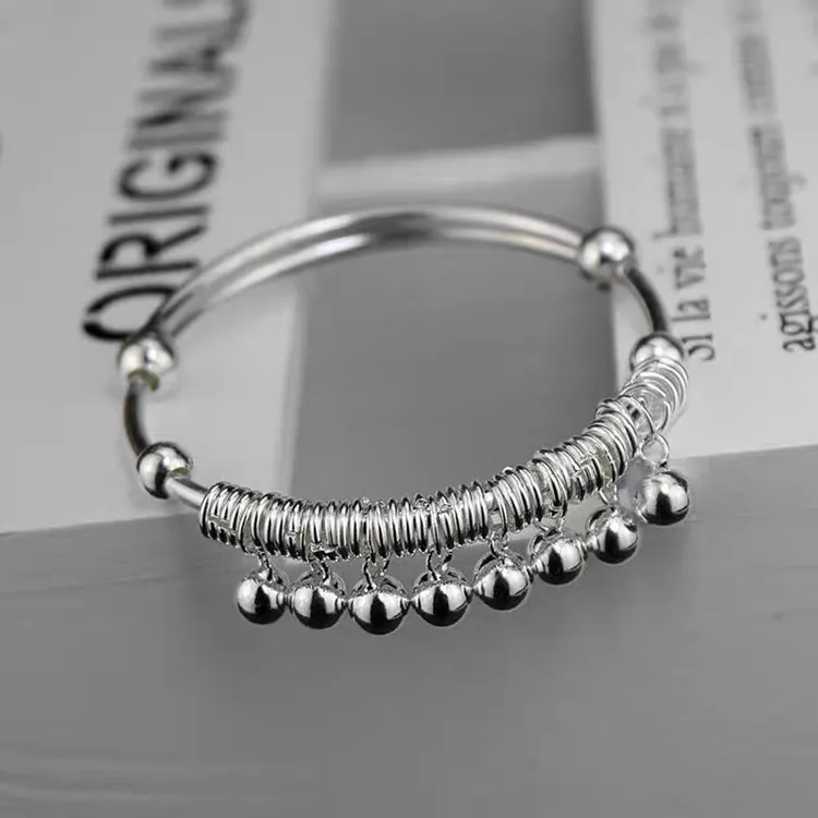 足银手镯 足银999.9波西米亚银手镯铃铛推拉时尚百搭手镯 银镯子