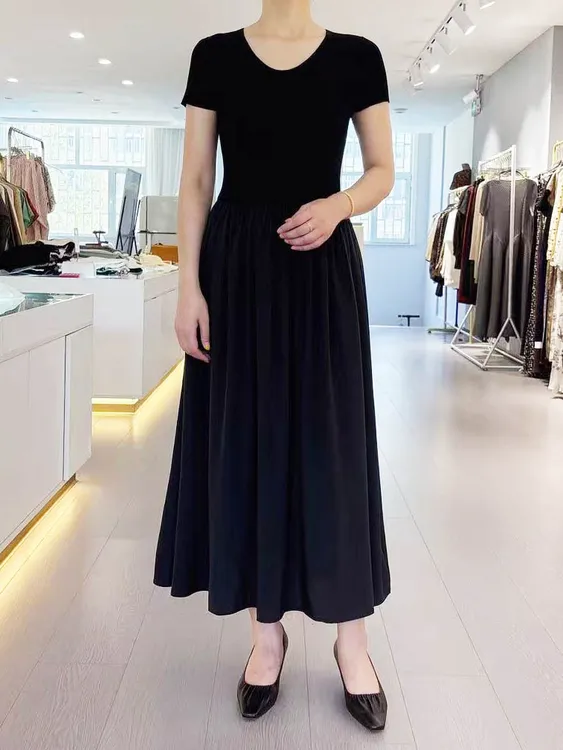 天丝短袖拼接款连衣裙  女装气质通勤装职场长裙女士中长款