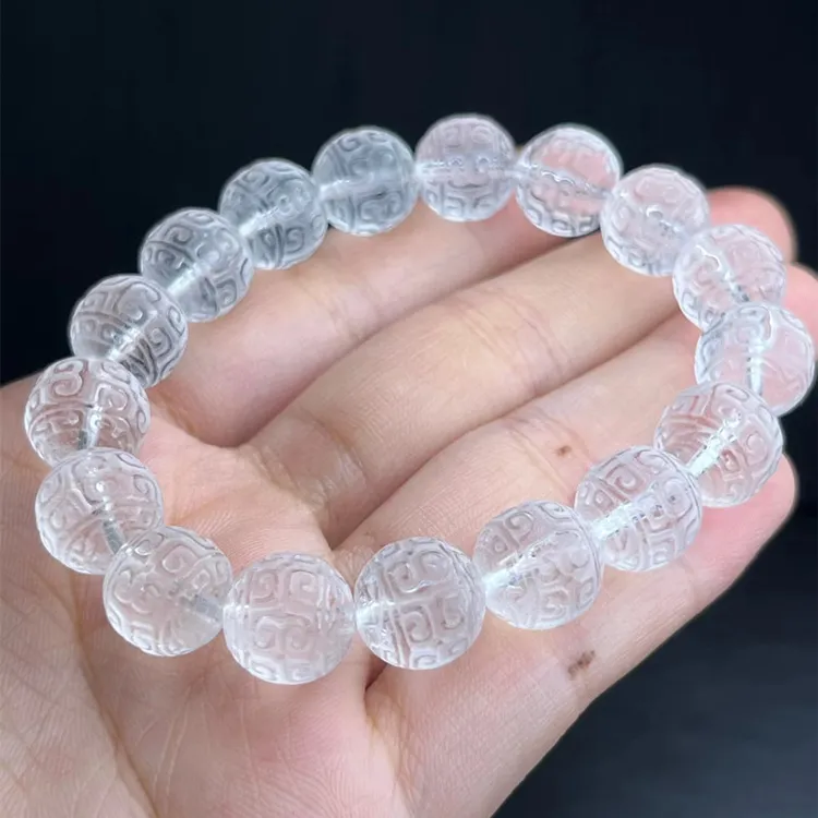 天然白水晶回纹珠手链单圈白水晶手串男女水晶雕刻藏式回纹手链