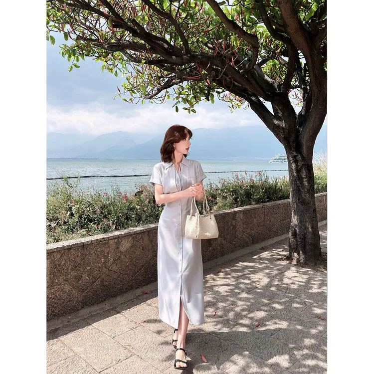 蕾英俊【生如夏花】简约翻领单排扣衬衫裙女夏宽松显瘦休闲长裙
