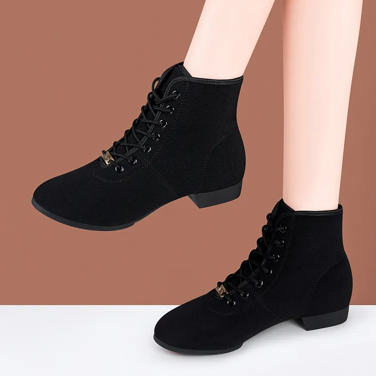 黑色牛津布高帮拉丁舞靴女新款软底舒适交谊广场舞鞋中跟水兵舞鞋