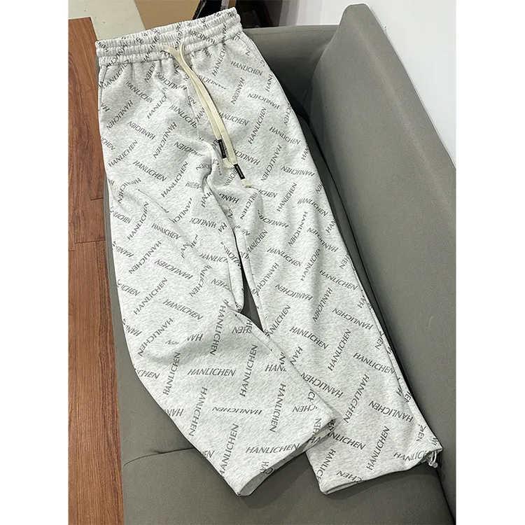 HANLICHEN满印字母花灰色裤子男款cleanfit垂感直筒卫裤休闲长裤