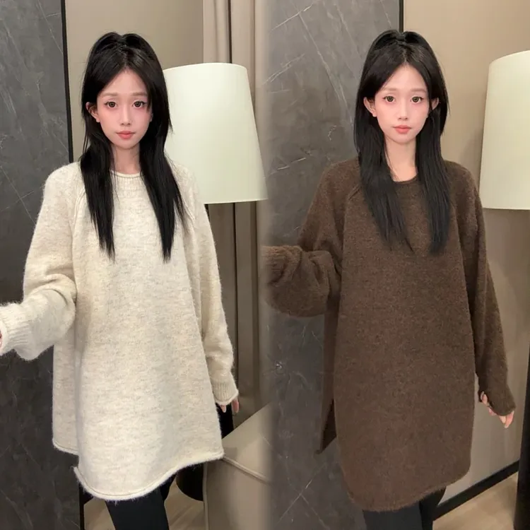 二姐的宝藏秋冬显瘦洋气圆领侧开叉长袖保暖针织衫#25422