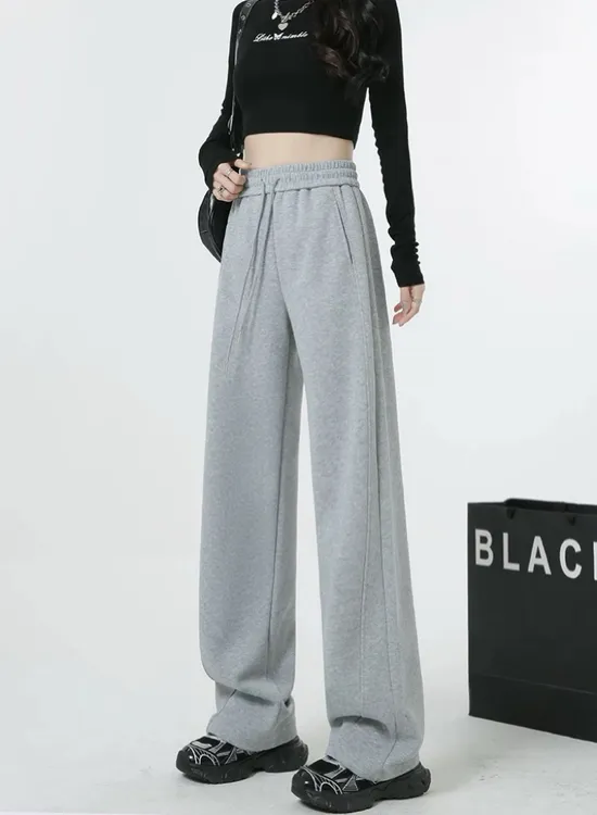灰色阔腿运动裤女冬季加绒保暖新款高腰显瘦休闲宽松直筒加长卫裤
