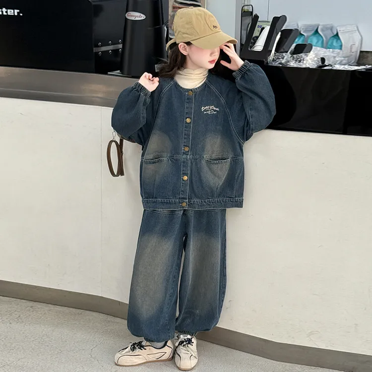 女童秋季绣花韩版甜美牛仔套装6-12岁女大童新款时尚宽松两件套潮