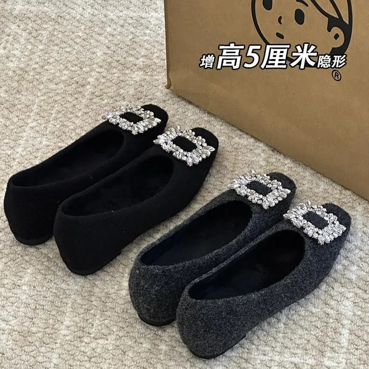 爆款·内增高5cm韩系加绒方头单鞋浅口时尚秋冬粗跟方钻外穿高跟鞋