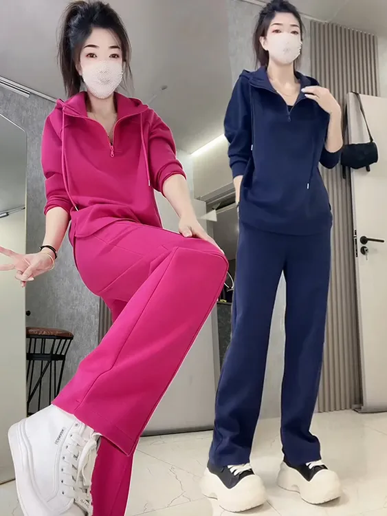 街头风时尚休闲宽松显瘦春秋洋气舒适高腰纯色连帽减龄运动套装