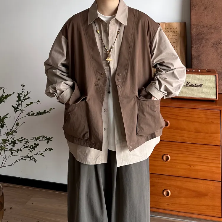 日系复古撞色拼接假两件工装长袖衬衫男春秋新款百搭休闲衬衣外套