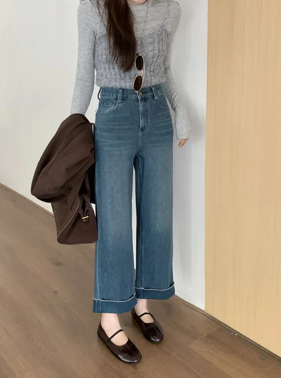卡布68611牛仔裤女2025秋季新款阔腿裤Kabodo高腰卷边九分奶奶裤