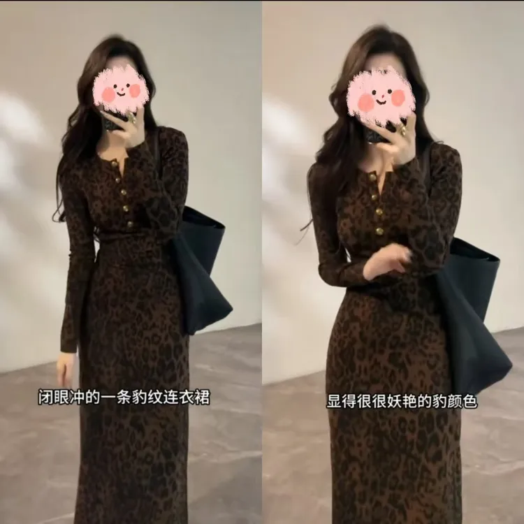 御姐时尚复古豹纹印花连衣裙冬季新款洋气圆领长袖超好看打底长裙