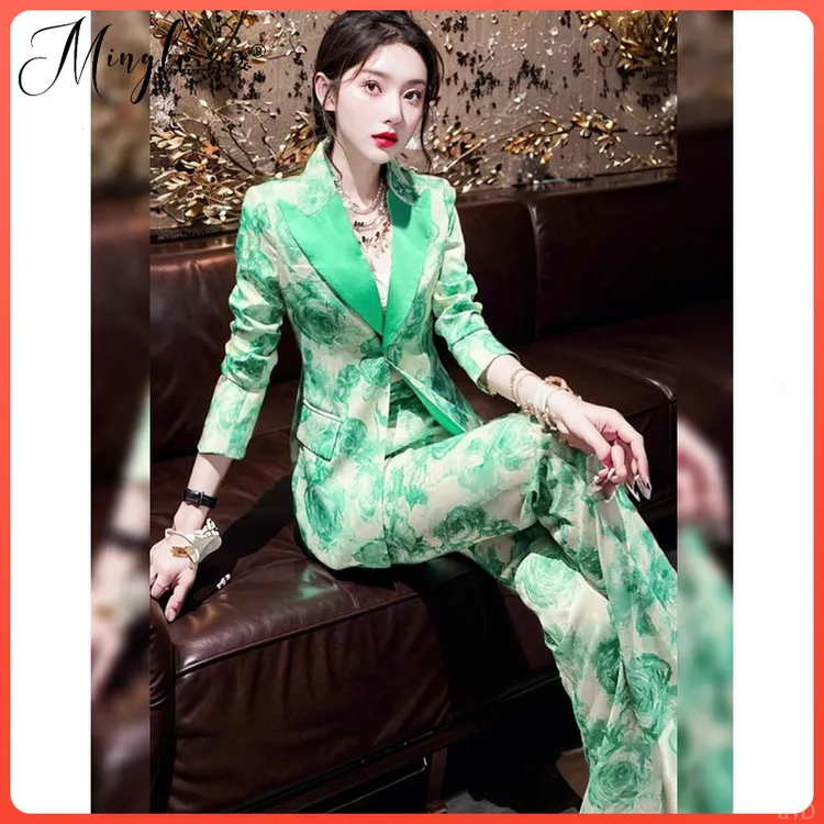 2025早秋新款时尚洋气女装套装绿色提花西装阔腿裤减龄时髦两件套